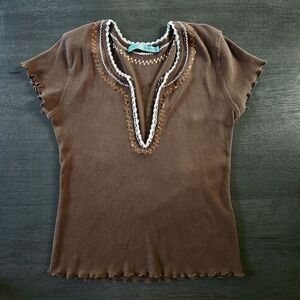 Vtg Y2K Brown Ribbed T Shirt Lettuce Hem Embroidered V Neck Large Boho